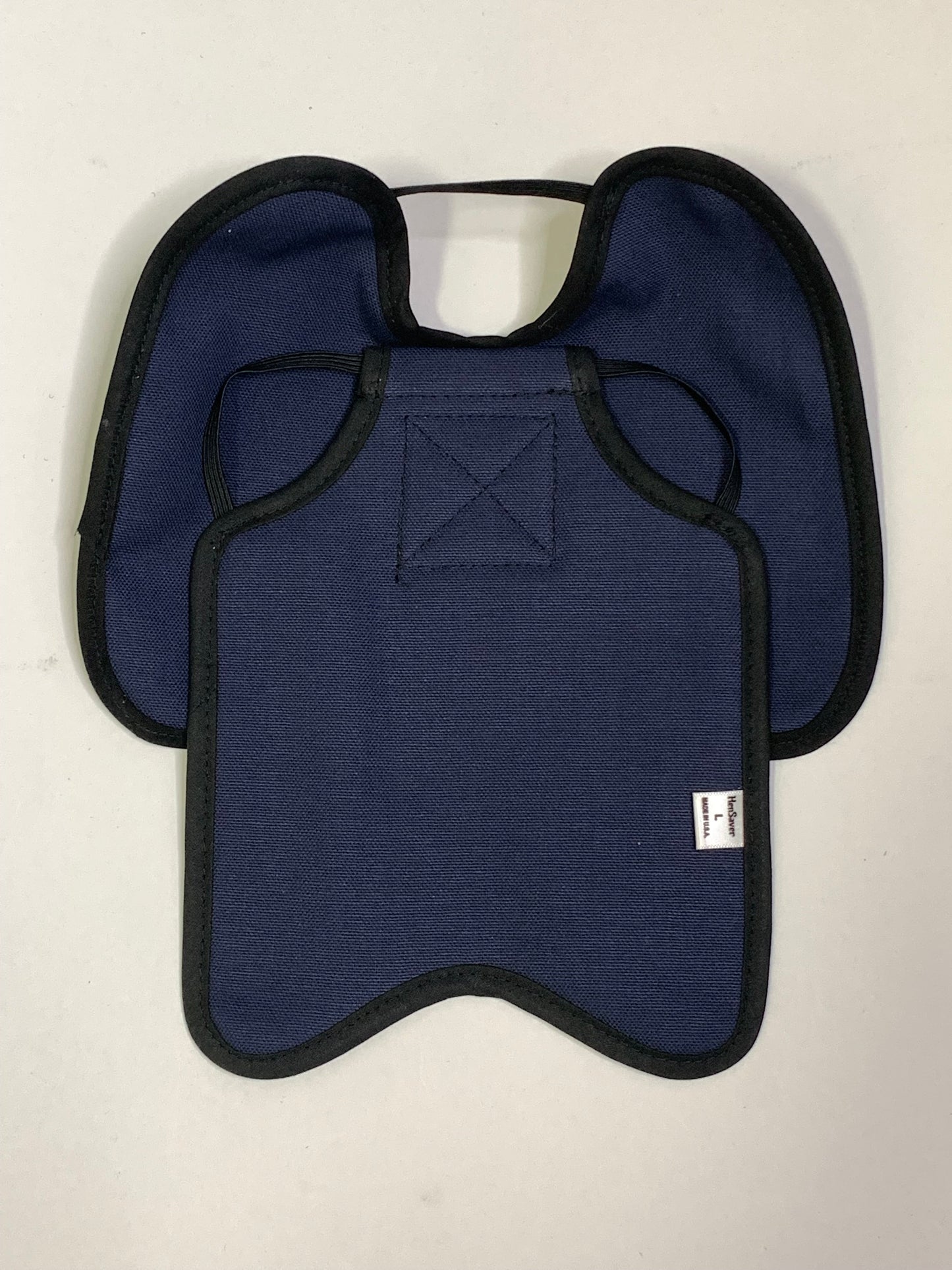Navy hen apron with shoulder protectors by Crazy K Farm Pet and Poultry, designed for standard chickens to prevent feather pecking.