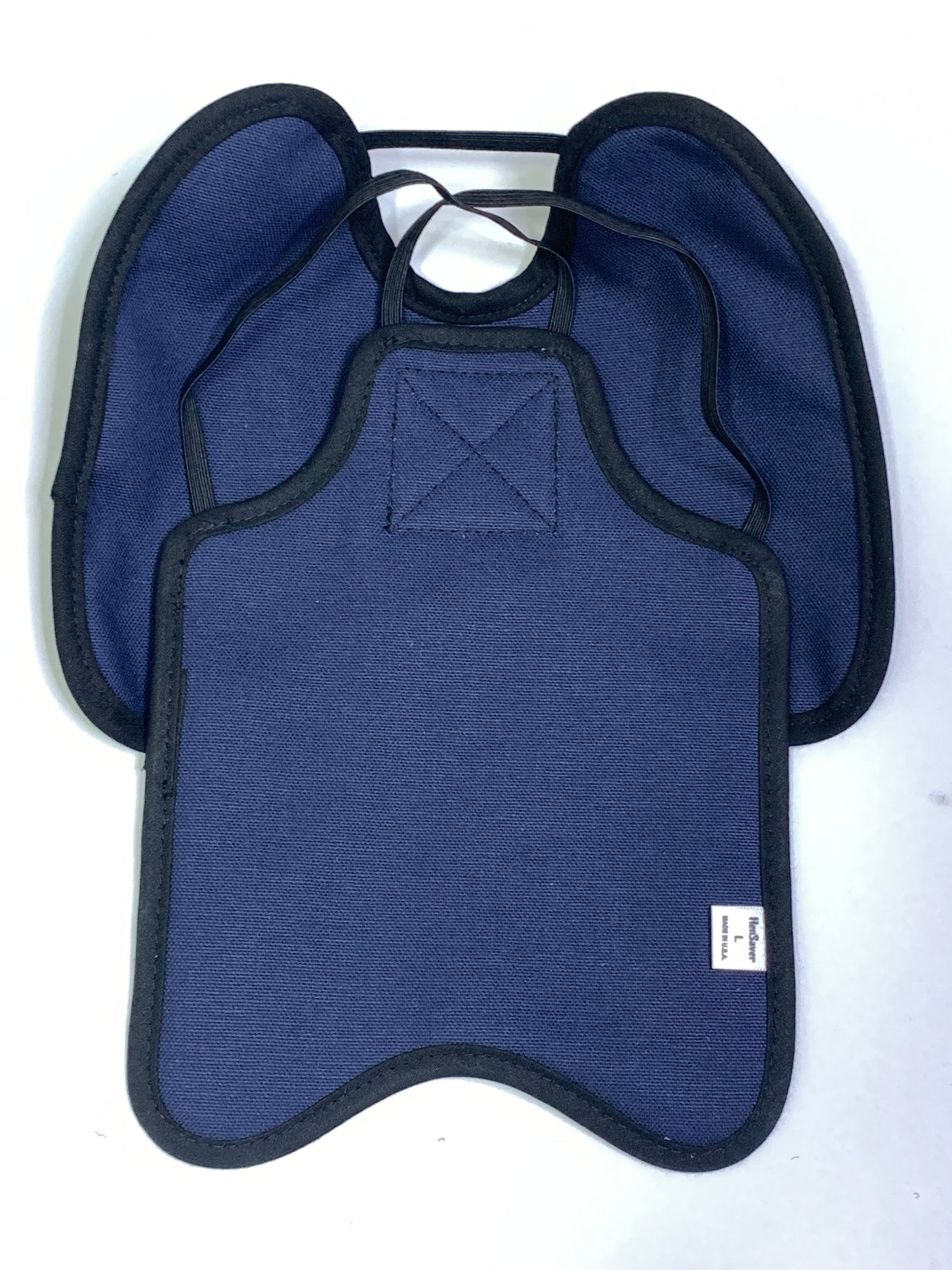 Navy hen apron with shoulder protectors for chickens, made by Crazy K Farm Pet and Poultry, designed to protect hens from pecking.