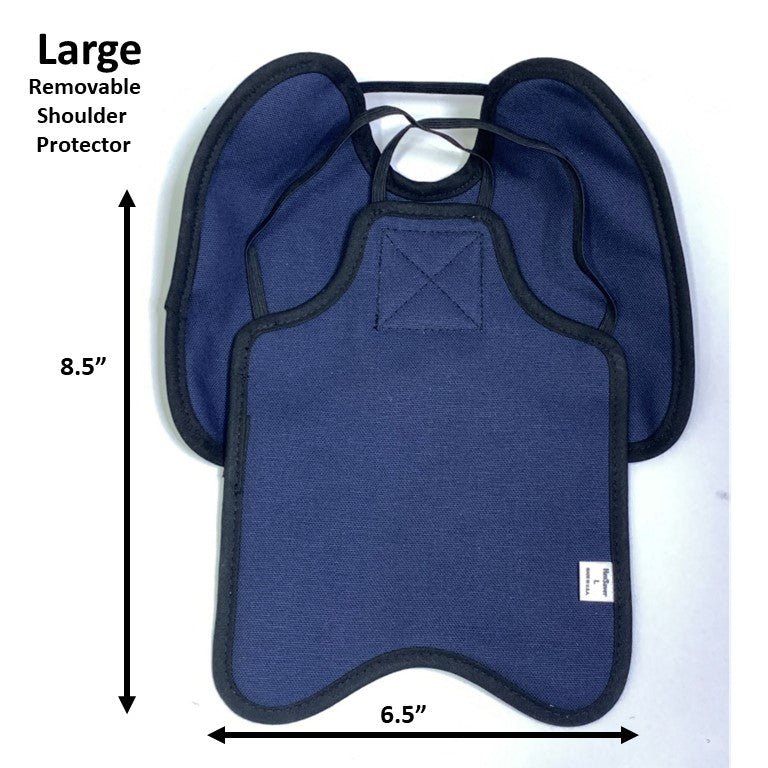 Navy Hen Saver chicken saddle with shoulder protectors for hens, made by Crazy K Farm, designed to prevent feather pecking.