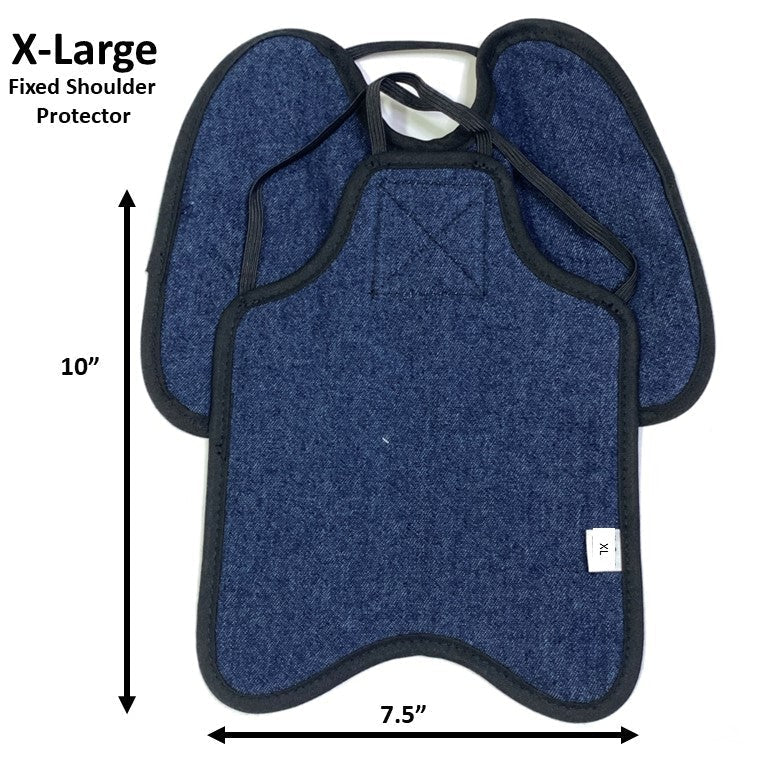 Navy hen apron with shoulder protectors for chickens, made by Crazy K Farm Pet and Poultry, designed to shield hens from pecking injuries.