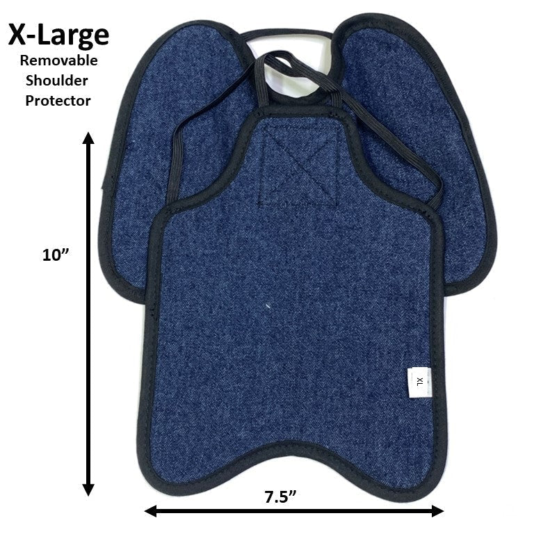 Navy hen apron with shoulder protectors for chickens, made by Crazy K Farm Pet and Poultry, designed to safeguard hens' shoulders.