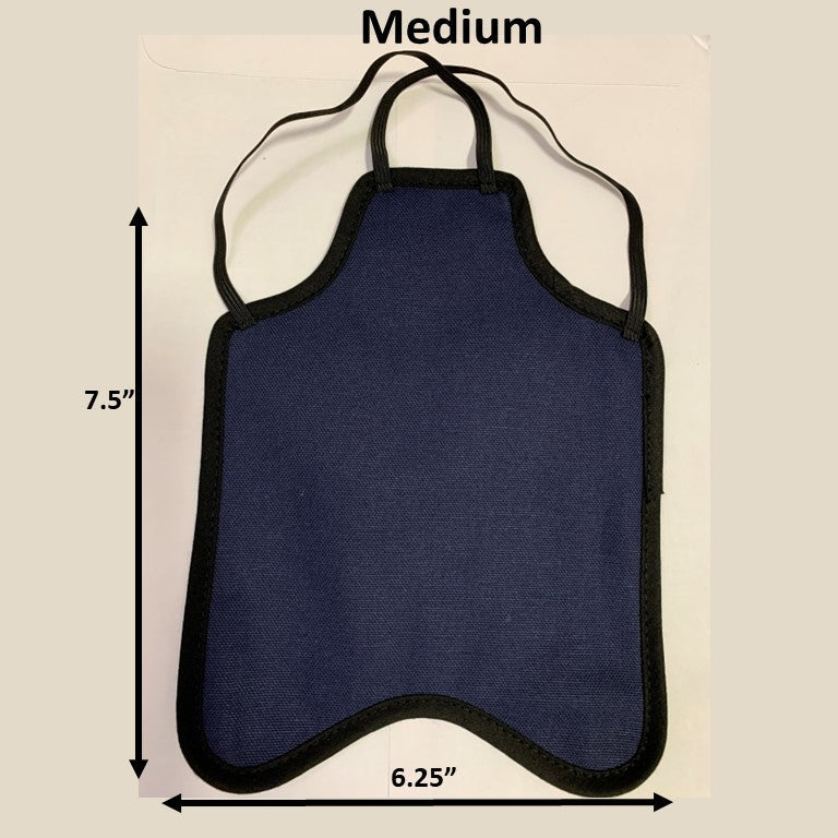 Navy hen saddle for small bantam hens by Crazy K Farm, made in USA, with single strap back pack style poultry apron.