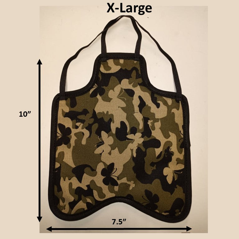 Navy hen saddle by Crazy K Farm for small bantam hens, lightweight back-pack style chicken apron to protect hens' feathers.