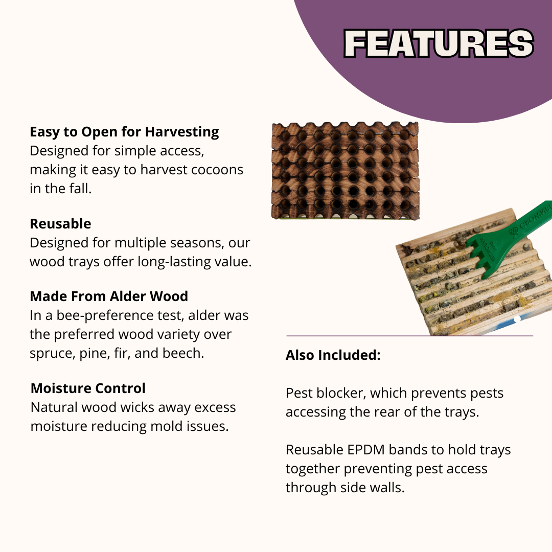 CrownBees spring reusable wood tray with 48 holes for mason bees, 8mm size, designed for bee nesting and habitat enhancement.