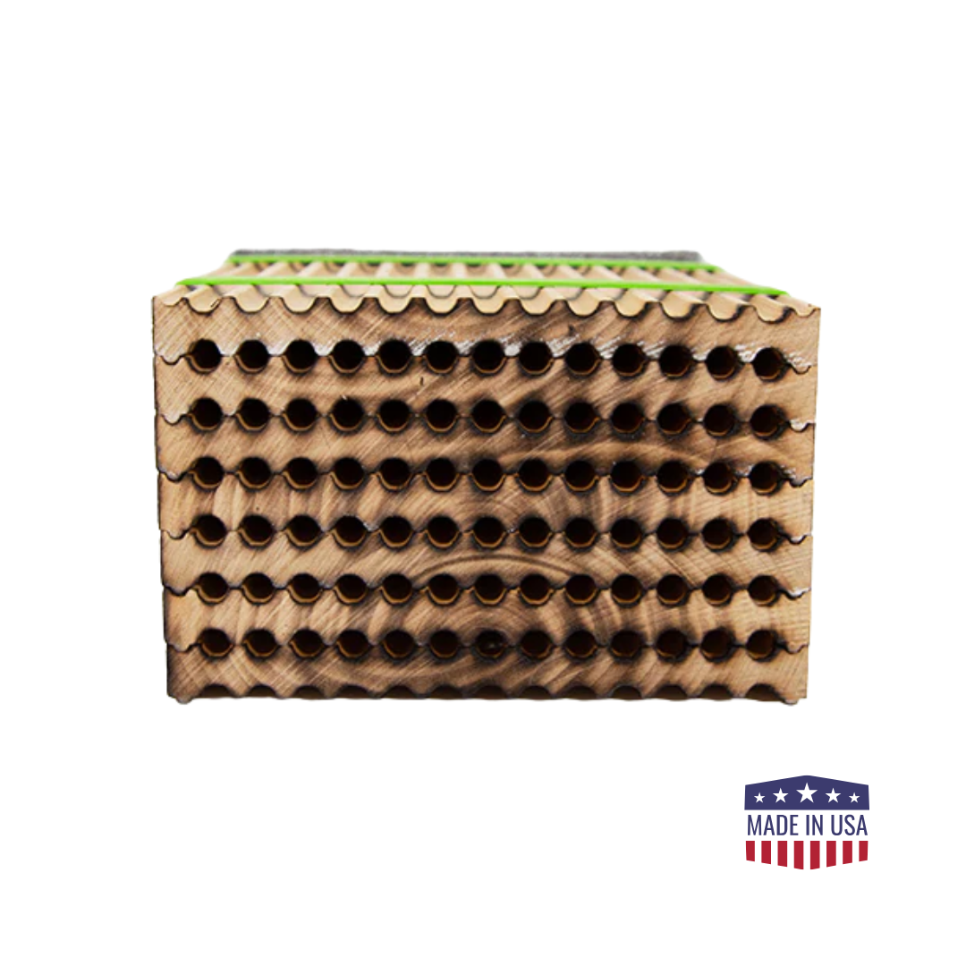 CrownBees summer reusable wood tray with 78 holes, designed for summer leaf bees, used in bee nesting and hive management