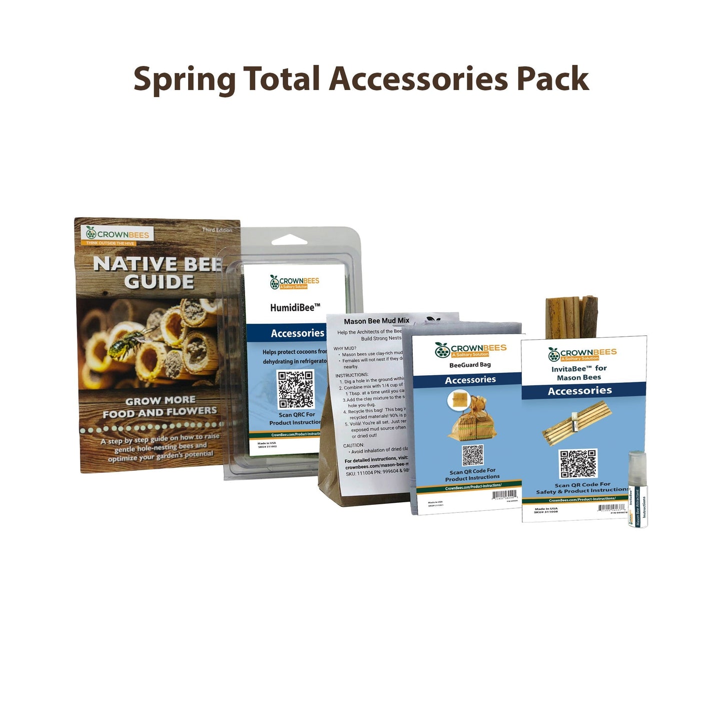 Spring Total Accessories Package for Mason Bees by CrownBees, including nesting materials and tools for bee habitat setup.