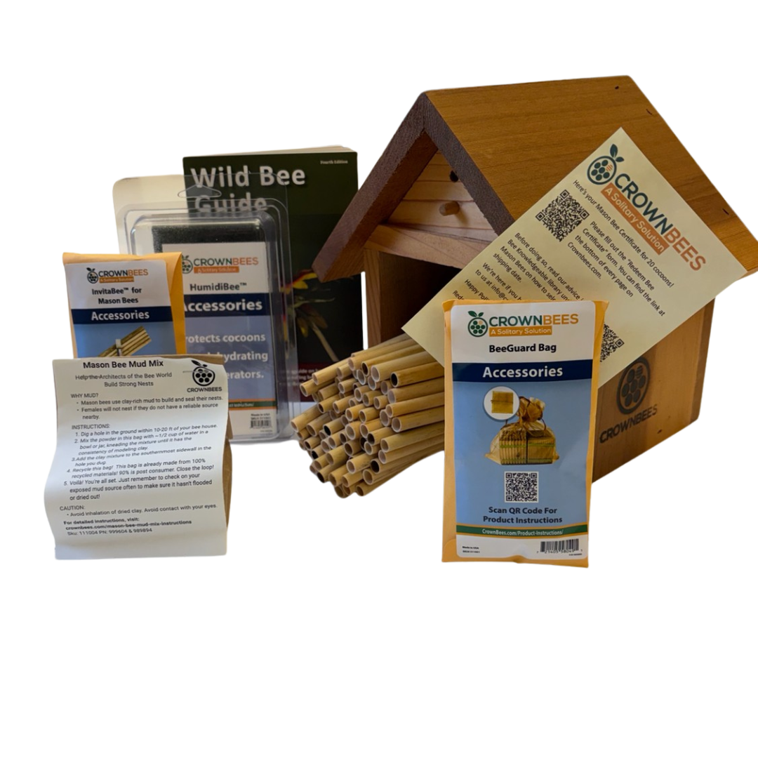 CrownBees Chalet Bee House with complete kit and bee certificate, designed for mason bees and outdoor pollination.