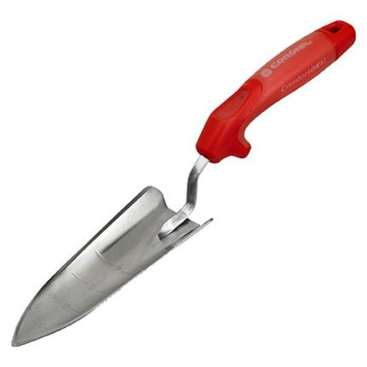 Corona Premium ComfortGEL Transplanter tool with stainless steel blade for gardening and transplanting tasks.