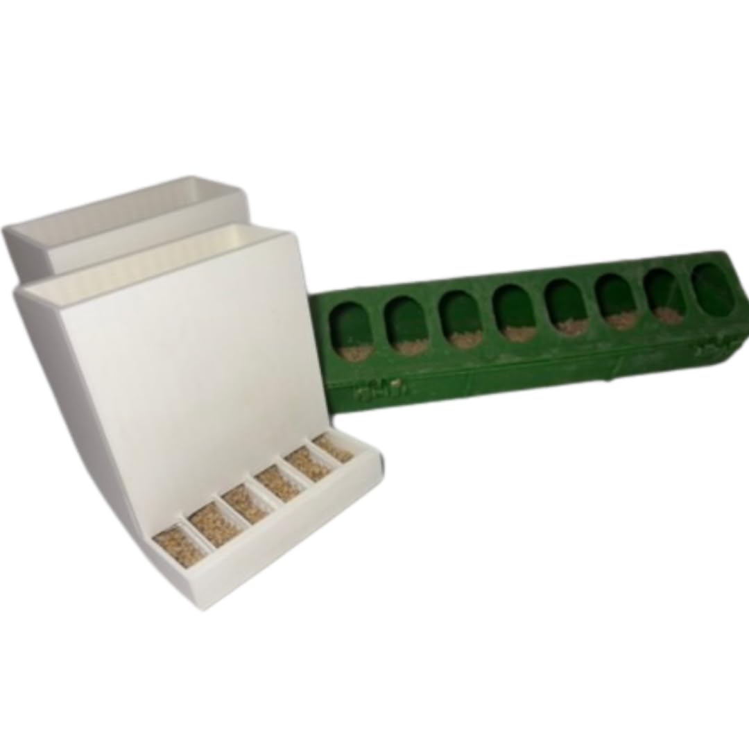 Pair of Quailz.com front-slot quail feeders with adjustable spill-resistant design for hatching time in Chimuka cage systems