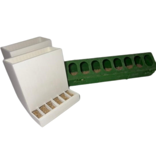 Two adjustable spill-resistant Button Quail Feeders for animal husbandry, made in the USA by Quailz.com.