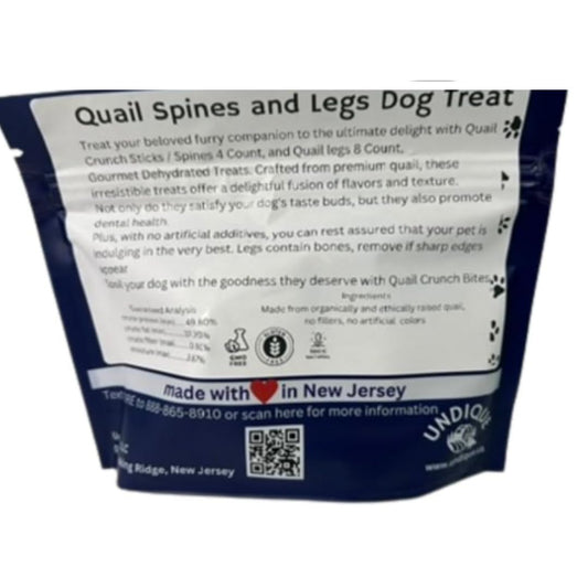 Organic quail crunch sticks and legs for pets, showing crunchy treats and quail meat on a white background.