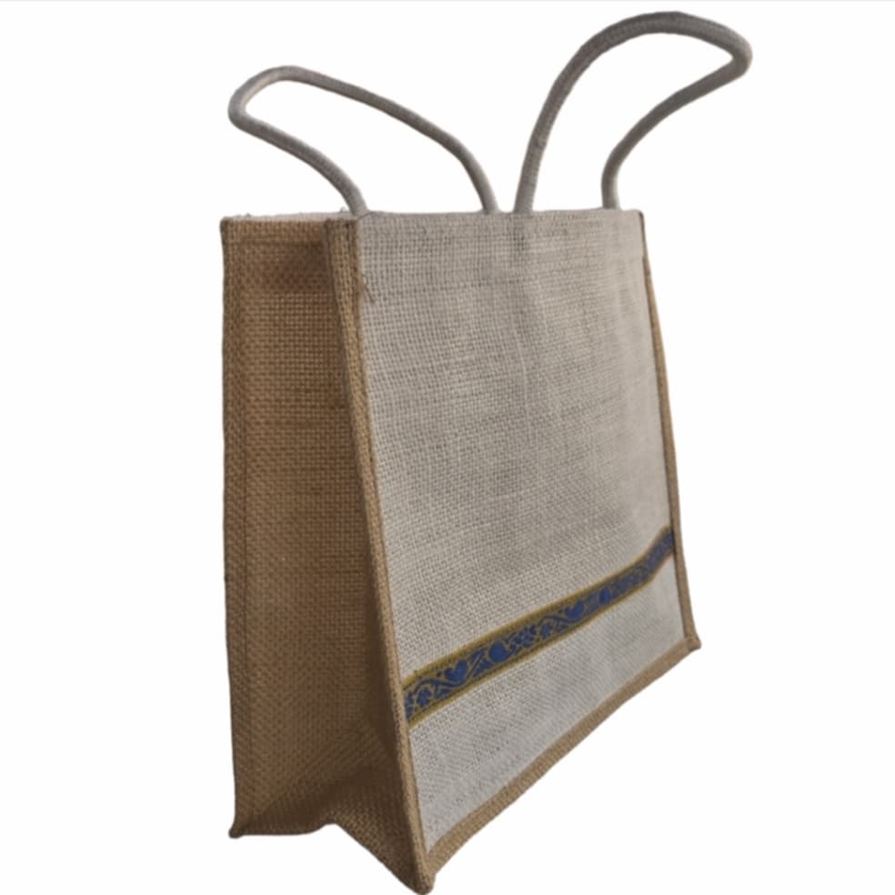 Vintage style jute cotton tote bag with large pocket, custom-made shopping bag by MicRic, featuring a rustic, eco-friendly design.