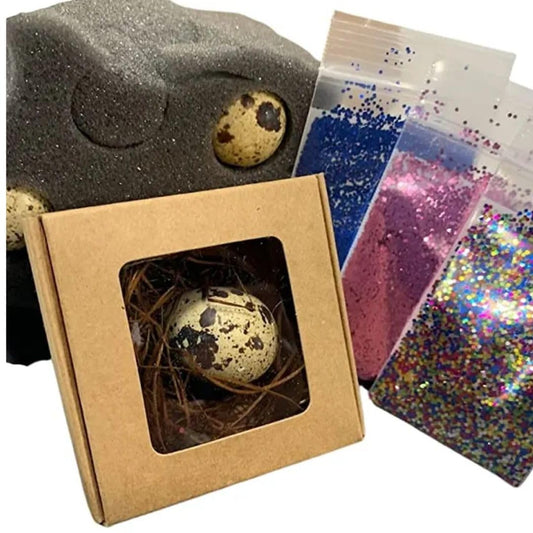 Quailz.com pregnancy announcement kit with 3 hollow quail eggs, glitter, and craft box for gender reveal and baby shower activities