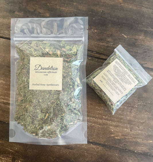 Dried dandelion herbs from herbalroseapothecary showcasing fresh, vibrant yellow flower and green leaves in a natural setting.