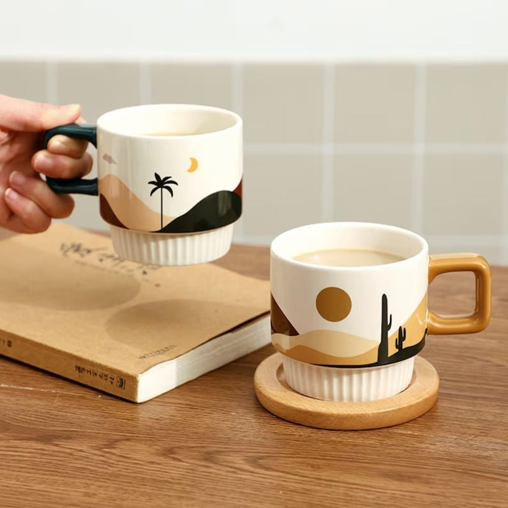 Handcrafted ceramic Desert Vibe Artisanal Mug with desert oasis design by Tilley + Me, featuring earthy tones and unique craftsmanship.