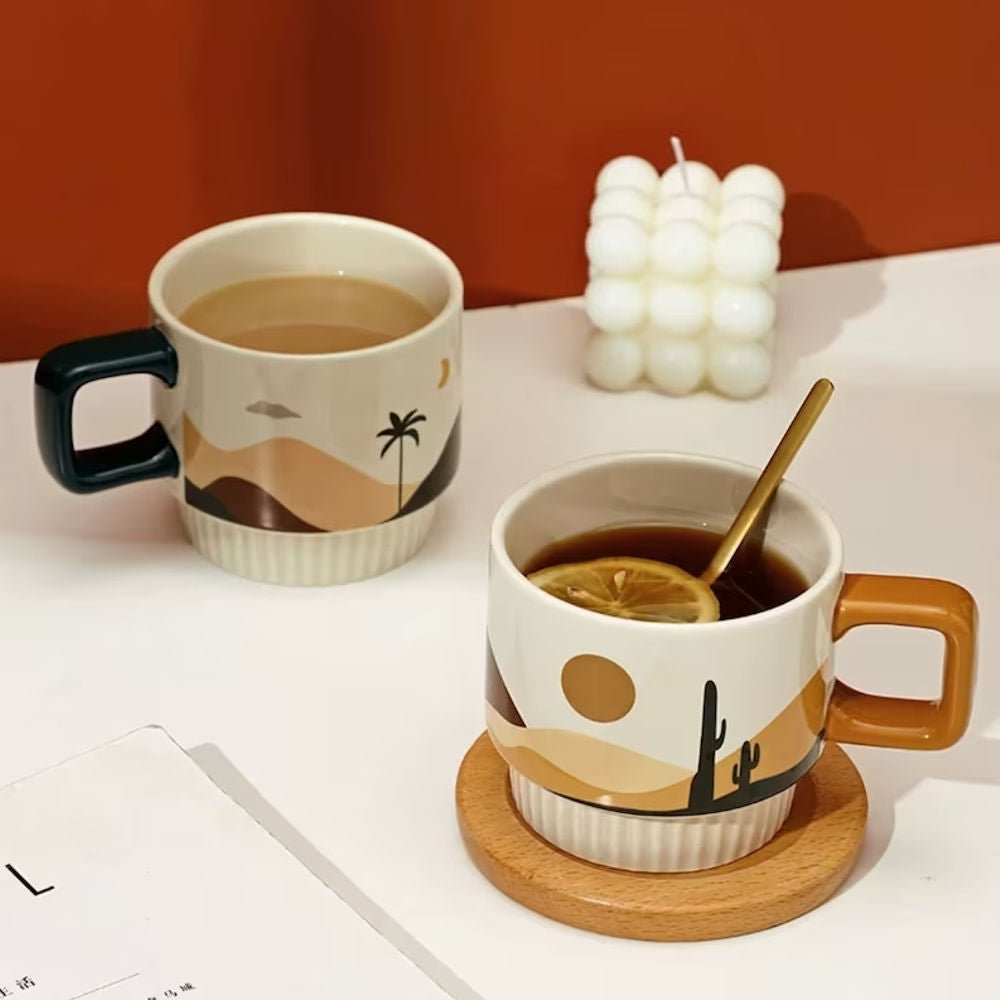 Handcrafted ceramic Desert Vibe Artisanal Mug with desert oasis design from Tilley + Me, featuring earthy tones and unique handmade details.