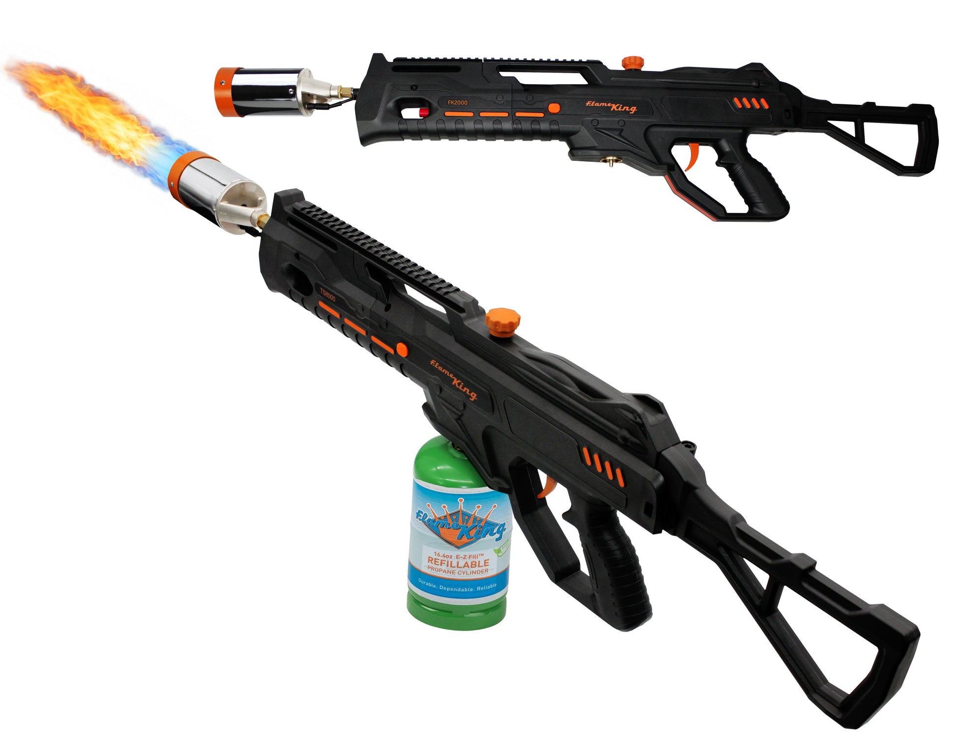 Flame King BlazeTac propane torch gun with trigger ignition, used for weed burning and outdoor fire control, shown from a double-angle view.