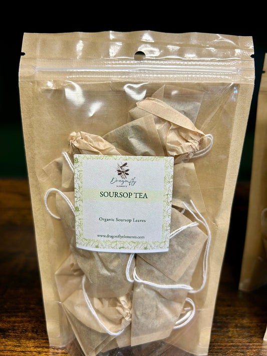 Five sachets of Dragonfly Elements organic soursop leaf coarse cut in clear packaging, highlighting natural dried leaves for herbal tea.
