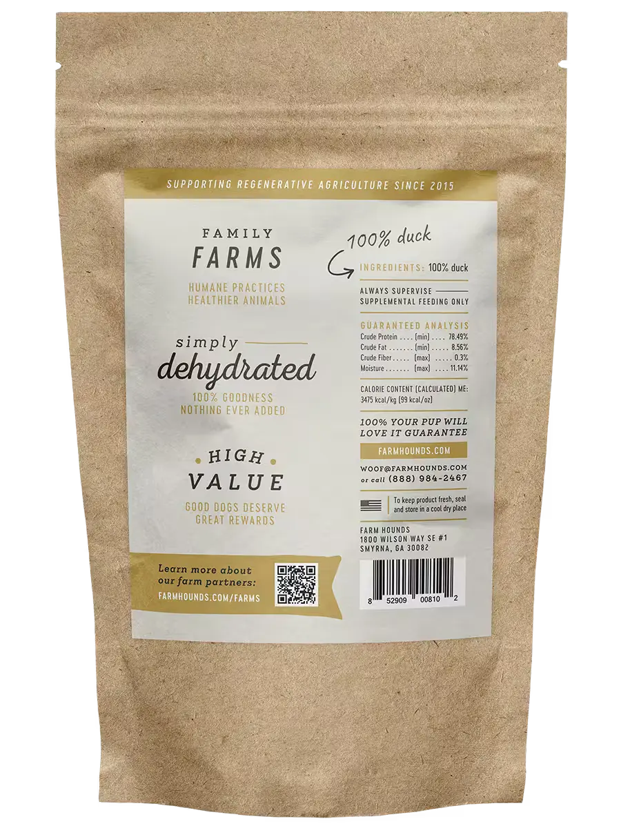 Back view of Farm Hounds duck jerky, a natural duck jerky snack with visible strips of dried duck meat.
