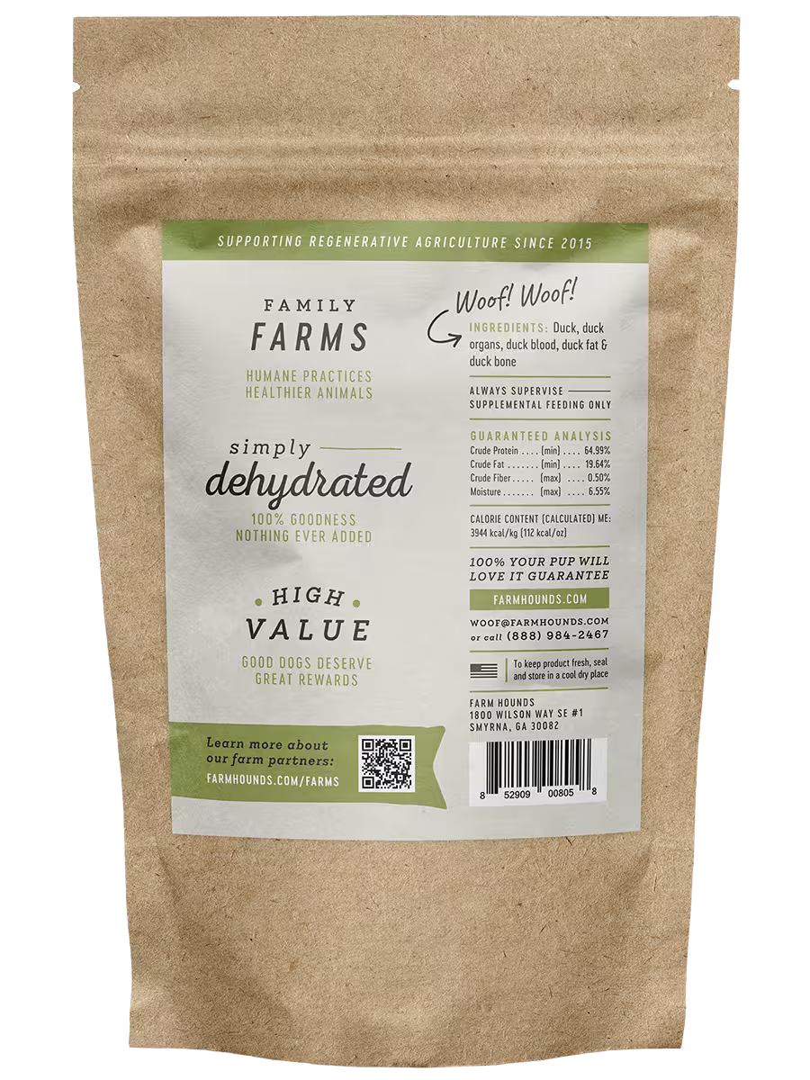 Farm Hounds duck strips treats for dogs, showing the back side of the natural, chewy duck treat strips.