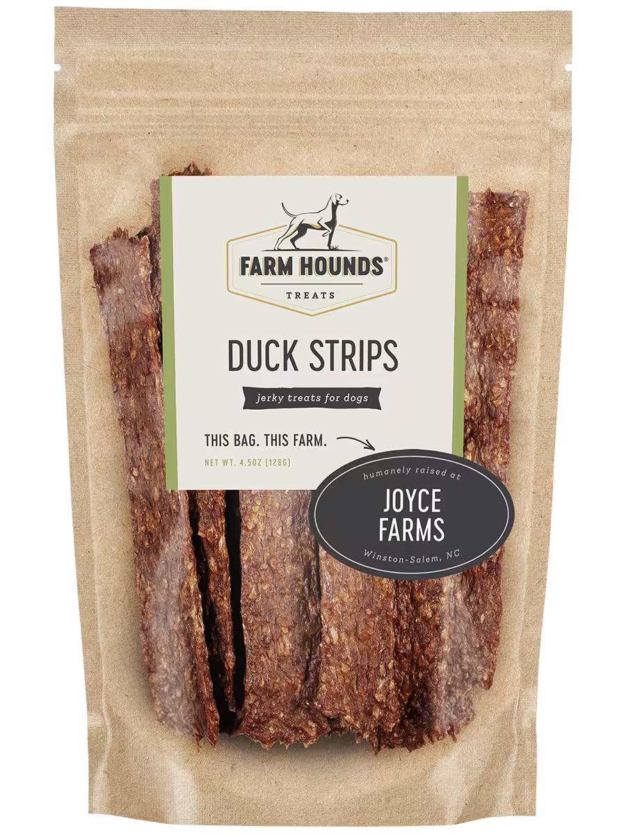 Farm Hounds duck strips treats for dogs, showing front view of natural, chewy duck meat treats in a clear package.