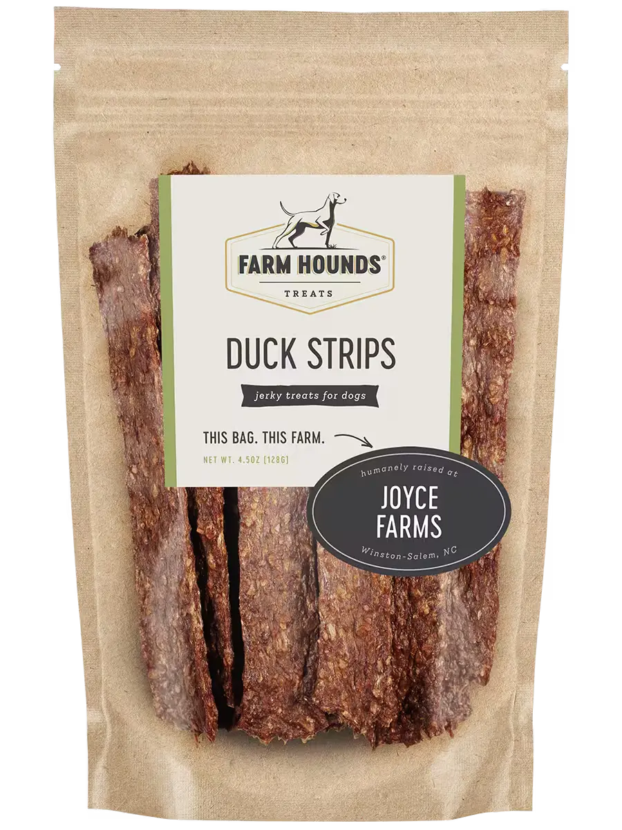 Farm Hounds duck strips treats for dogs, front view showing chewy, natural duck meat treats with textured surface.
