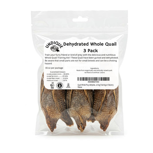 Dehydrated whole quail for bird dog training or falconry, high-quality natural bird prey from Quailz.com by Undique LLC.