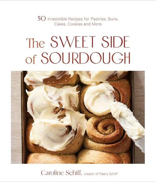Cover of "The Sweet Side of Sourdough" cookbook by splitShops, featuring images of pastries, cakes, and cookies on the paperback book.