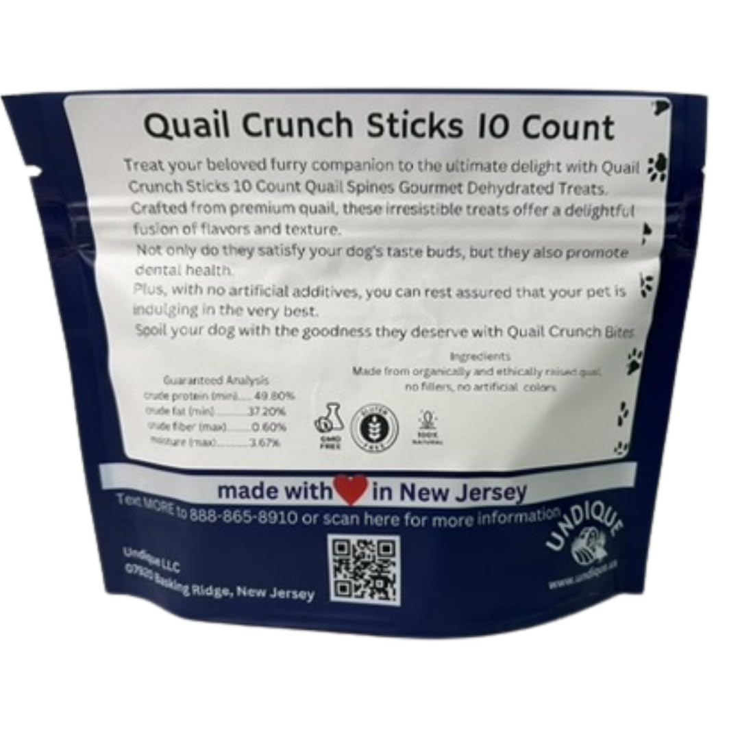 Pack of Quail Crunch Sticks dog treats with dehydrated quail spines, healthy gourmet training treats for dental health, no artificial additives