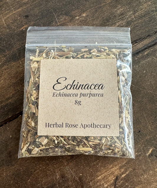 Dried Echinacea herb from HerbalRoseApothecary, 8g package, showing vibrant purple Echinacea flowers and dried herb leaves.