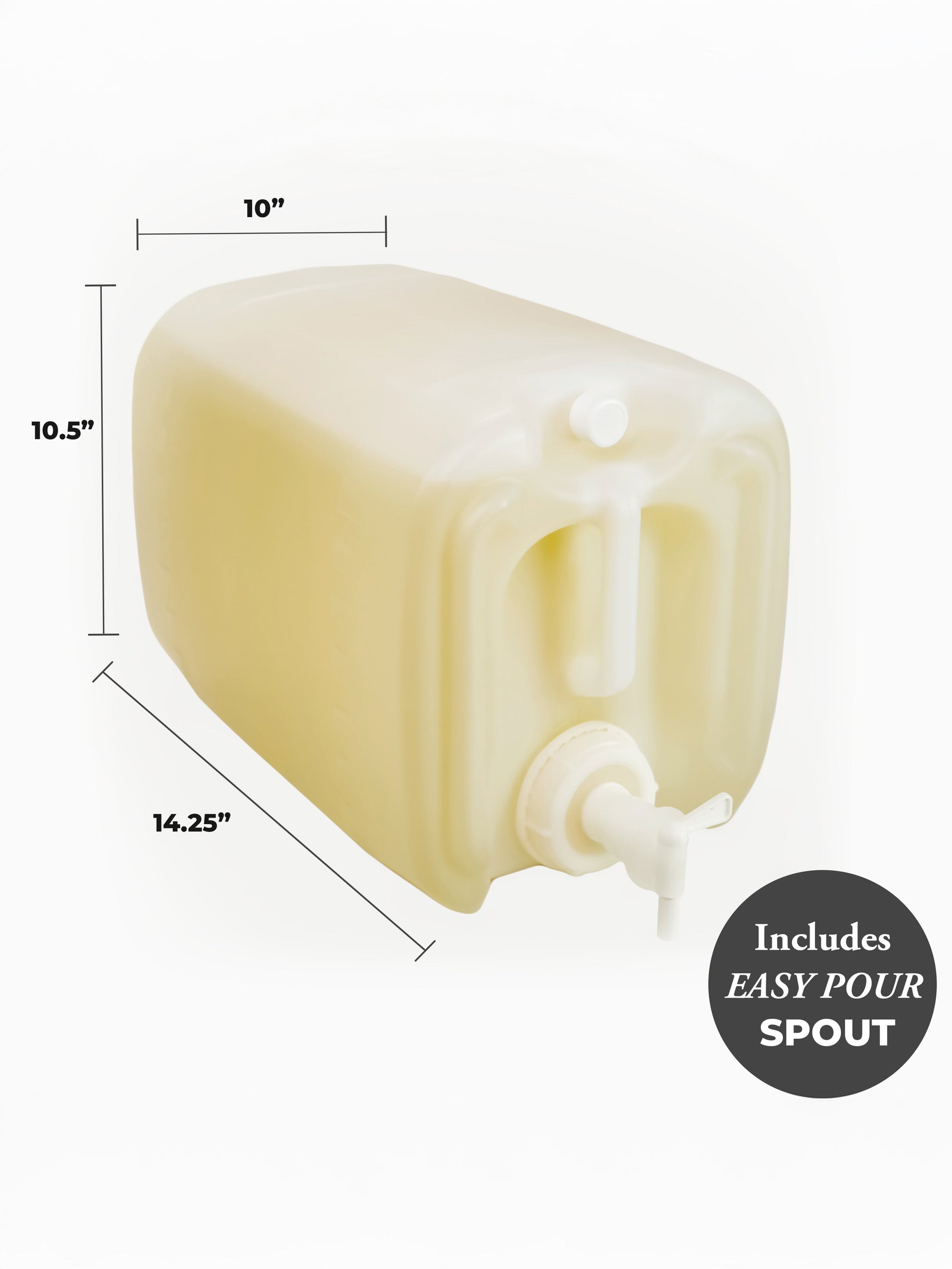 A 5-gallon rectangular Rustic Strength Hand Soap | Plain Jane container with an easy pour spout is shown; it measures 14.25 L x 10.5 H x 10 W and features a biodegradable liquid formula.