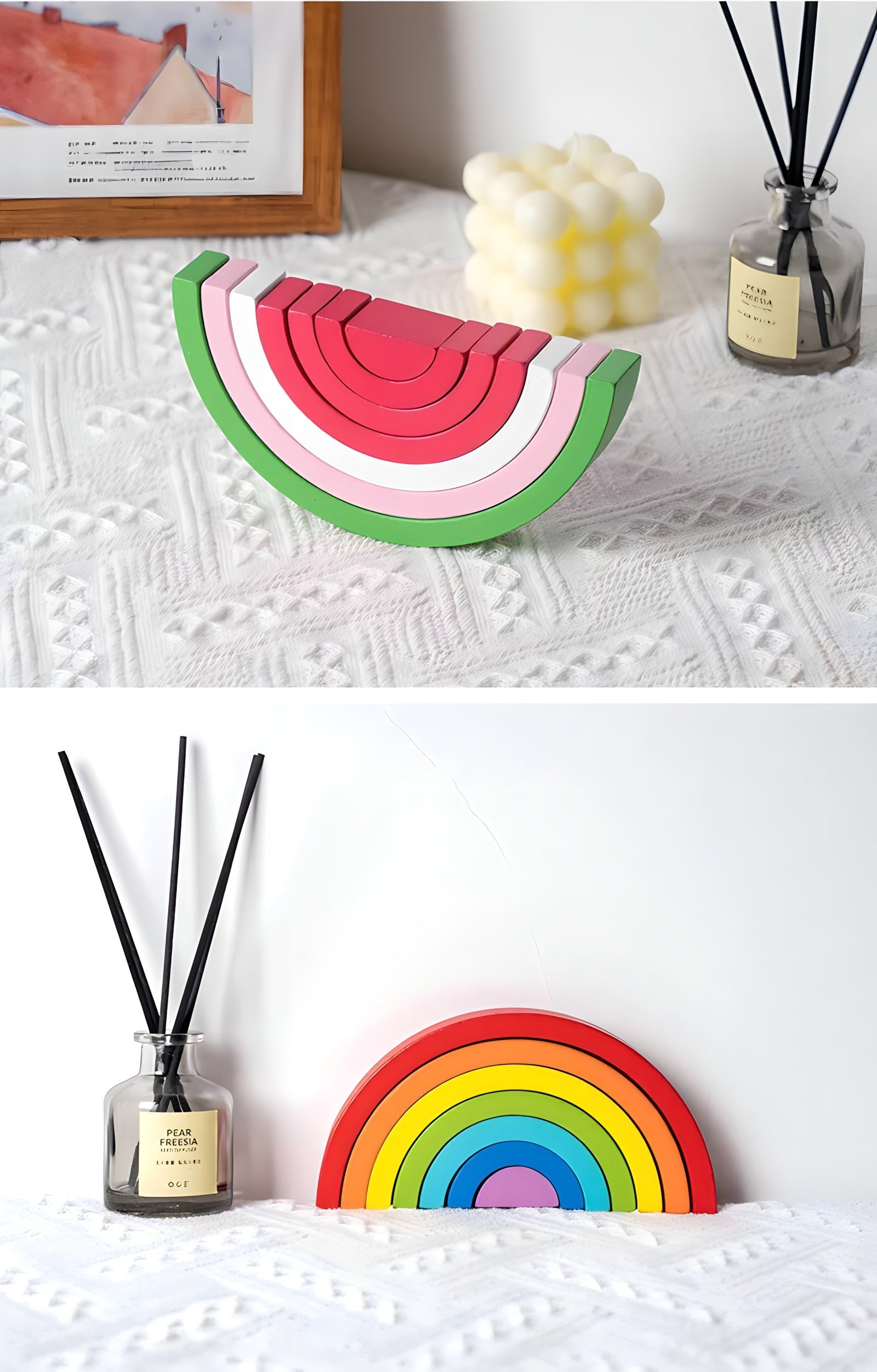 Small wooden rainbow arch blocks by Petite Pioneers, colorful and smooth with multiple curved pieces for play and stacking.