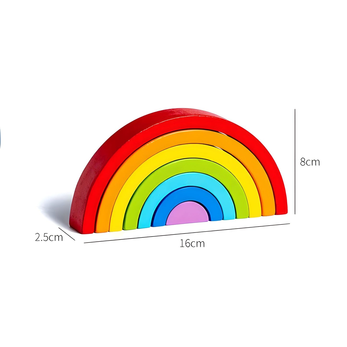 Small wooden rainbow arch blocks by Petite Pioneers arranged in a colorful arc on a white background.