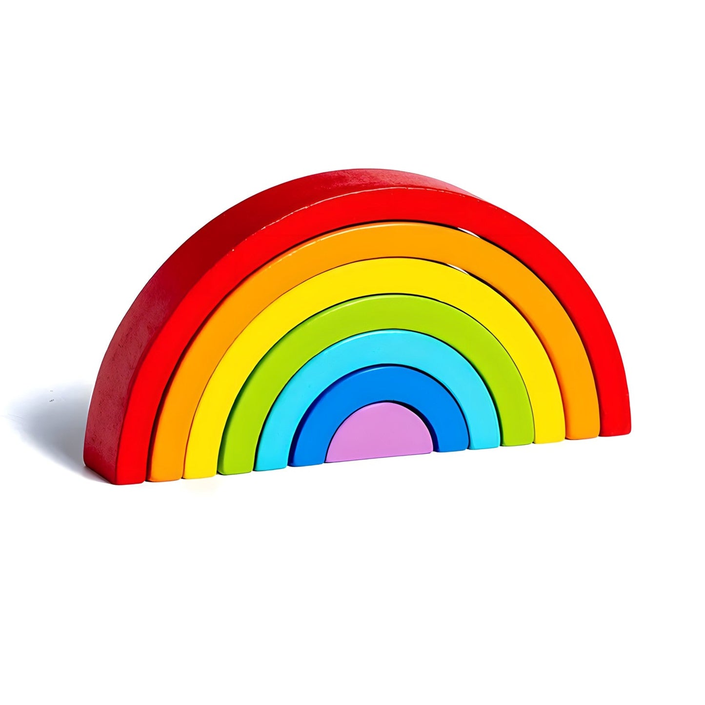 Small wooden rainbow arch blocks by Petite Pioneers, colorful and smooth toy set for creative play and developmental fun.
