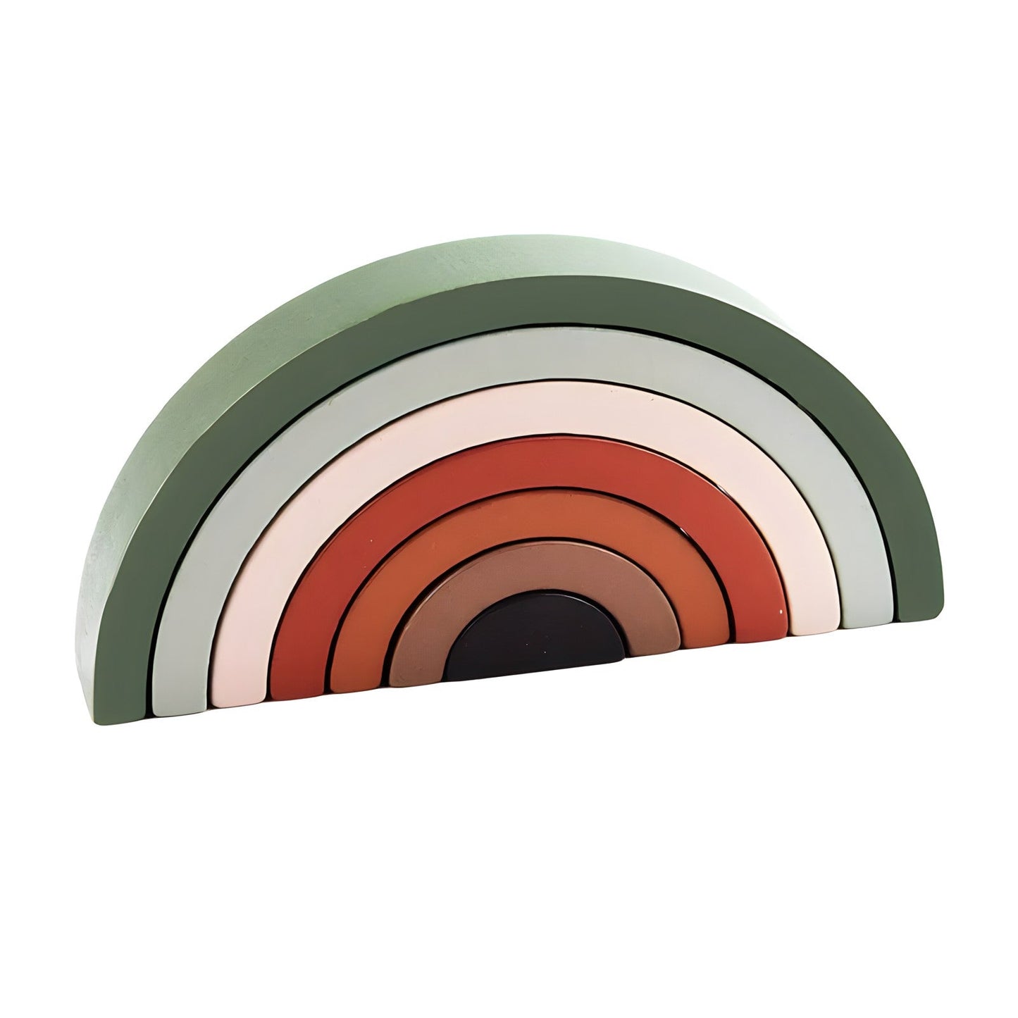 Small wooden rainbow arch blocks by Petite Pioneers, colorful and smooth children's toy for imaginative play and stacking.