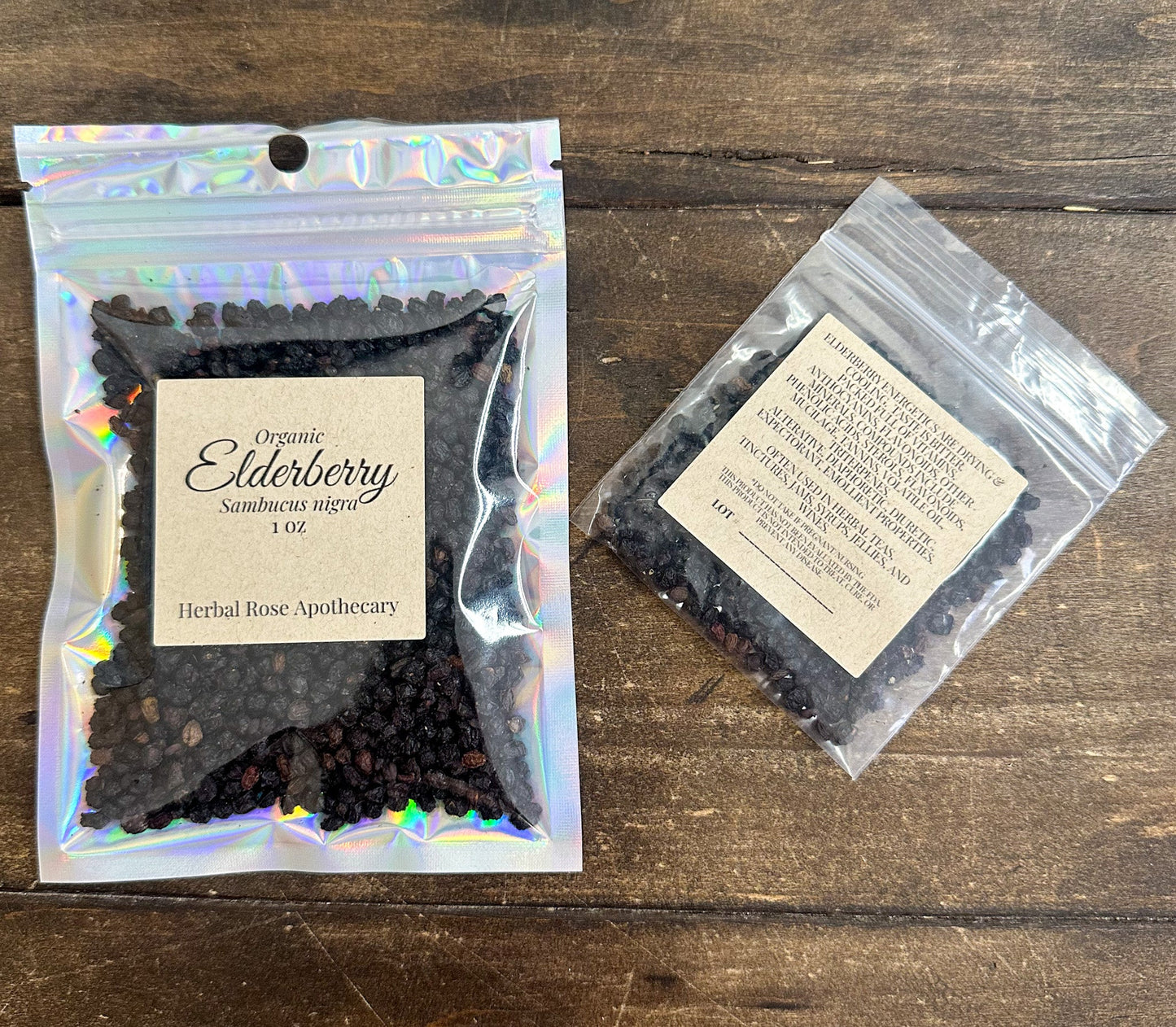 Dried organic elderberries from herbalroseapothecary, close-up of dark purple berries in a natural herb package.