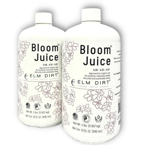 Two white bottles labeled Elm Dirt’s Bloom Juice—Our Award-Winning Formula for Spectacular Flowers—feature floral designs. This liquid plant fertilizer is certified organic, with each bottle containing 2 lbs (32 fl oz/946 mL).
