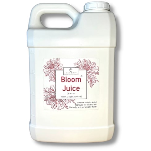 A white plastic container labeled Elm Dirt Bloom Juice – Our Award-Winning Formula for Spectacular Flowers features floral illustrations and highlights its naturally and sustainably made, chemical-free bloom enhancer formula.