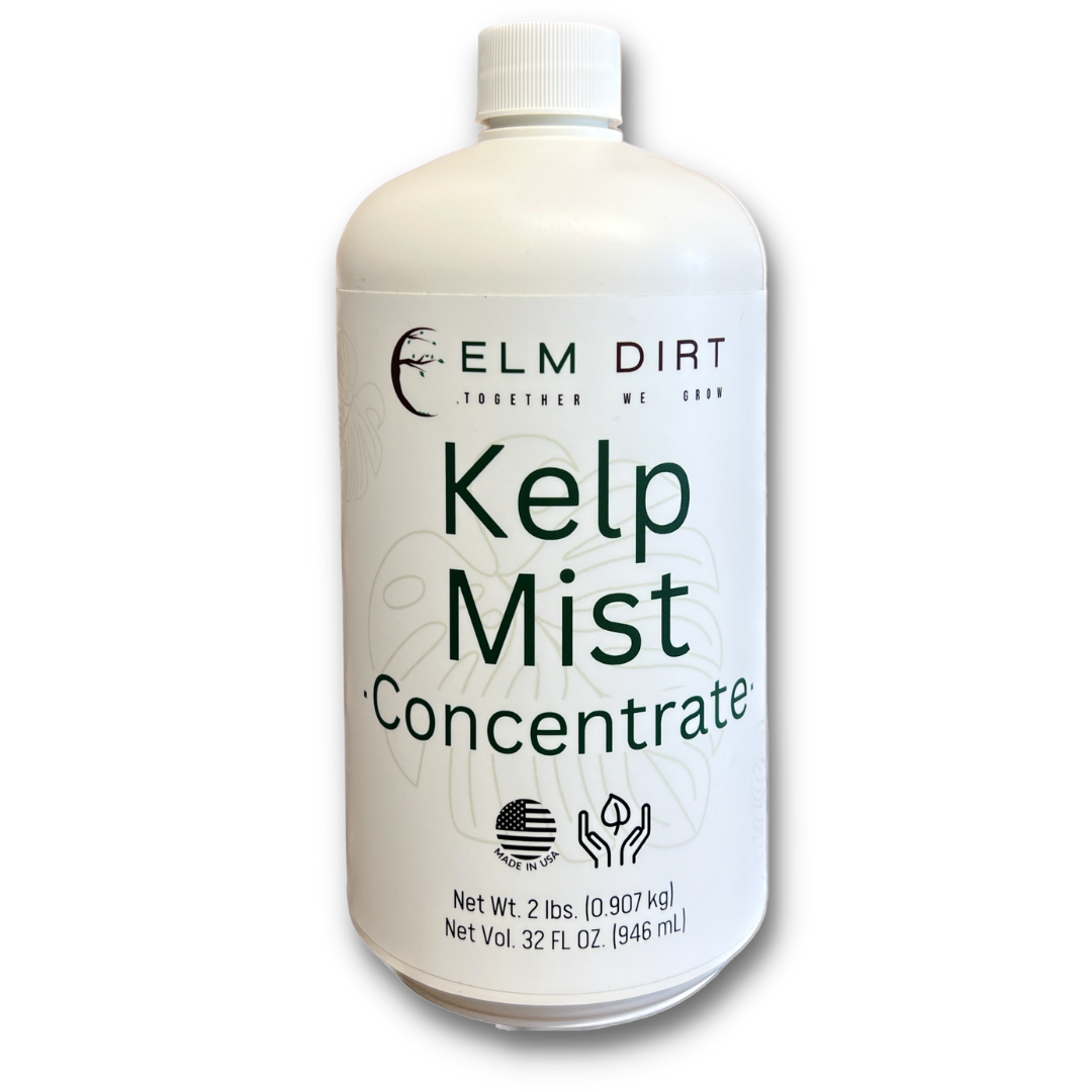 A 32 fl oz (946 ml) white bottle of Kelp Mist by Elm Dirt features green text, plant-themed graphics, and highlights eco-friendly plant nutrients on a crisp white label.