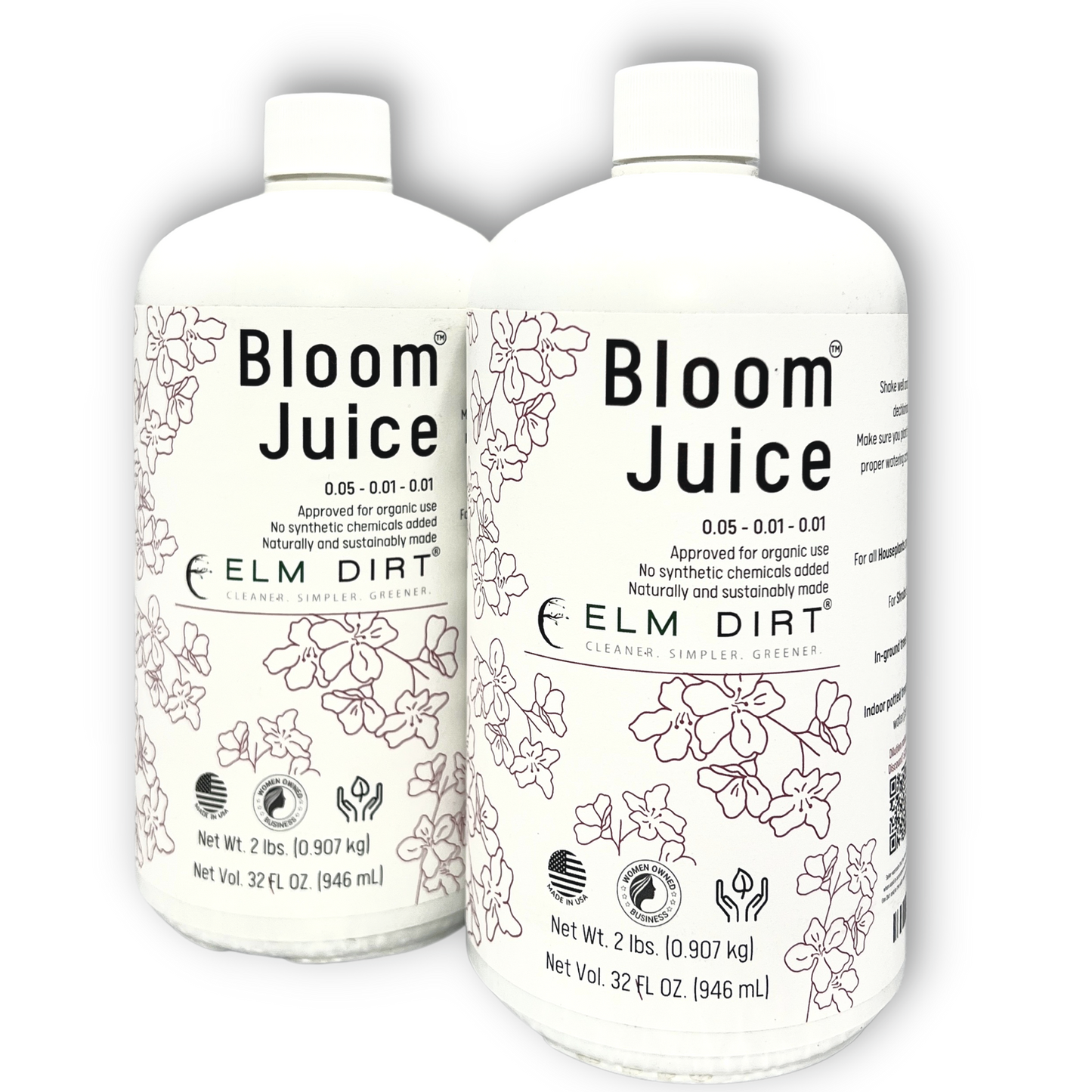 Two white 32 fl. oz. (946 mL) bottles of Bloom Juice by Elm Dirt feature floral line art and black text. Made with natural, sustainable worm castings for blooming plants, the formula contains no synthetic chemicals.