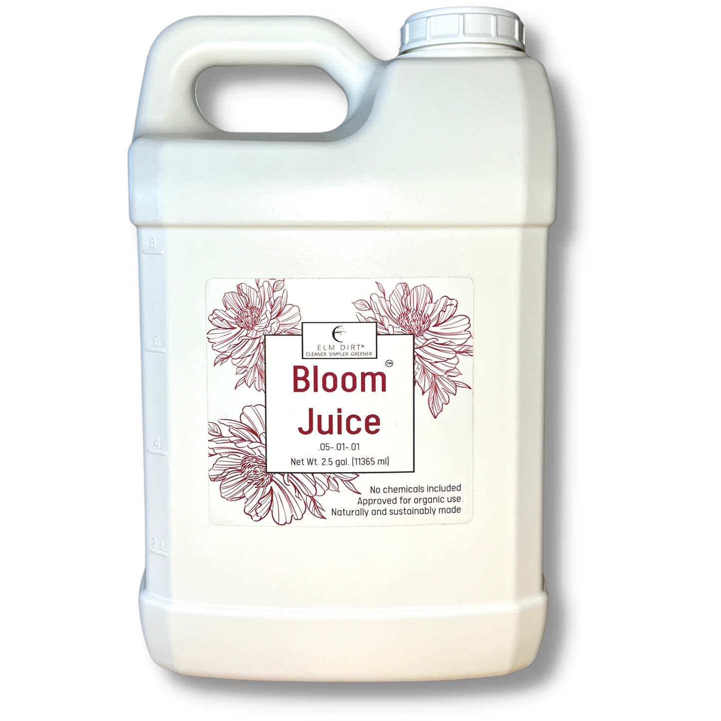 A white plastic gallon container labeled Bloom Juice by Elm Dirt, featuring floral designs, is an organic, chemical-free plant food made from worm castings—ideal for blooming plants.