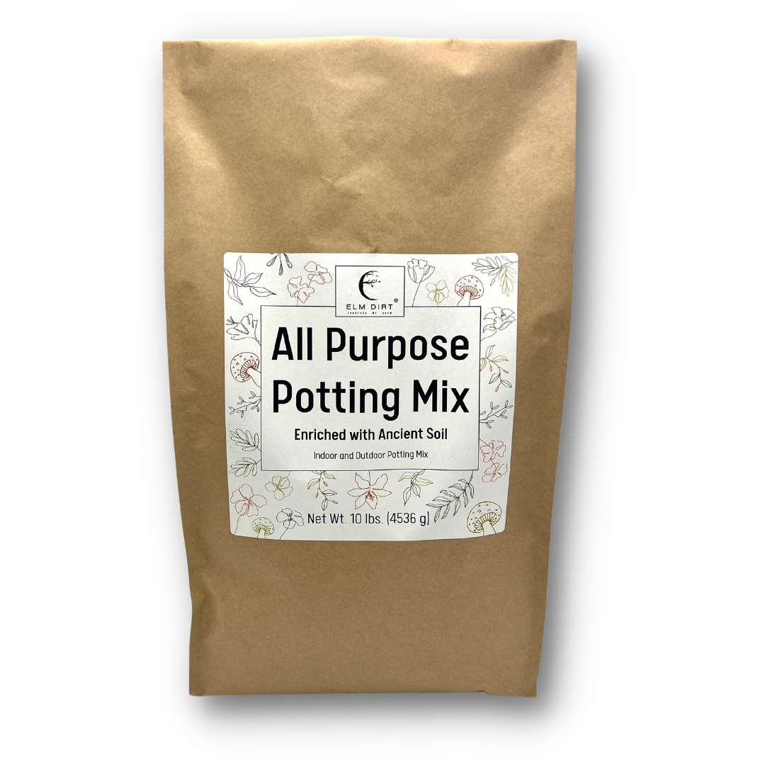 A 10 lb (4536 g) brown bag labeled All-Purpose Soil Mix by Elm Dirt, featuring small floral illustrations and containing a blend enriched with ancient soil and organic potting material.