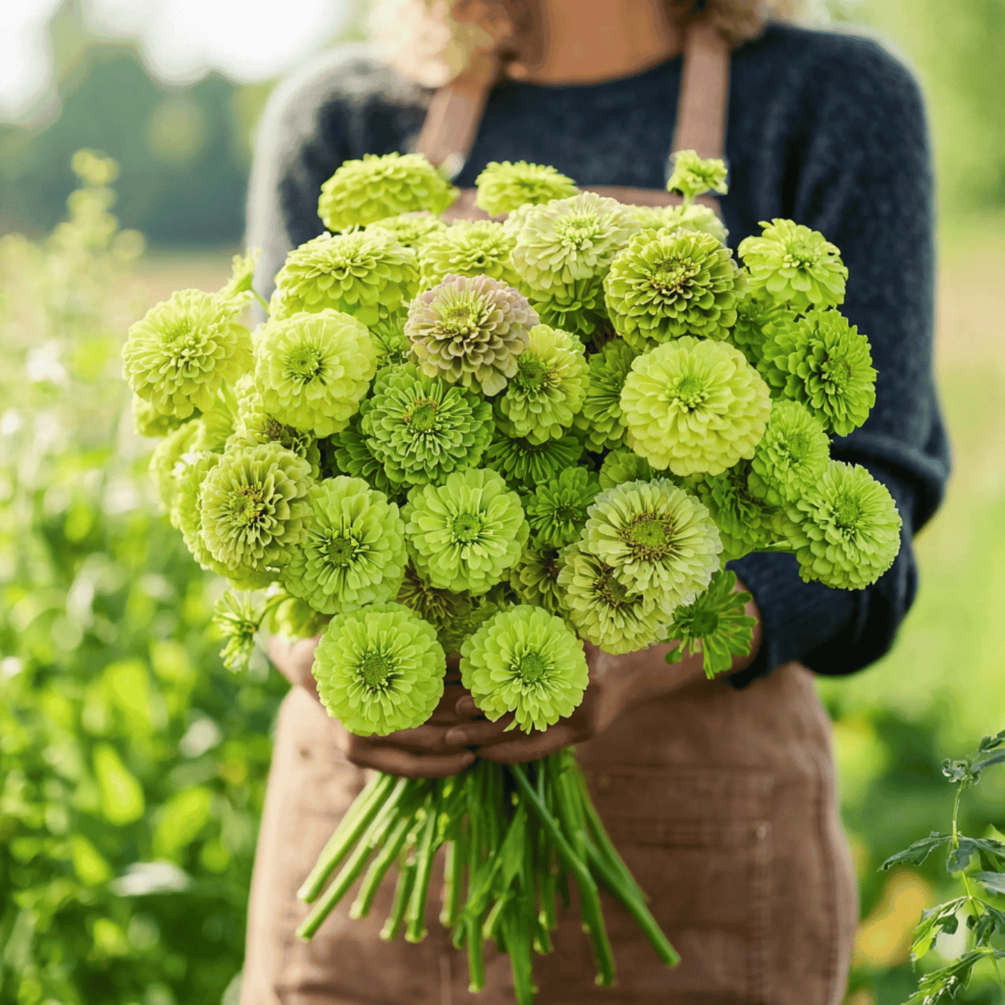 Packet of Southern Seeds Envy Green Zinnia seeds showing vibrant green flowers and seed packet for planting.