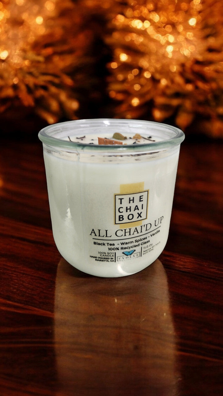Evolve Botanica Rocks Candle Chai with wood wick and gemstone, soy wax, featuring a warm, inviting design and natural earthy tones.