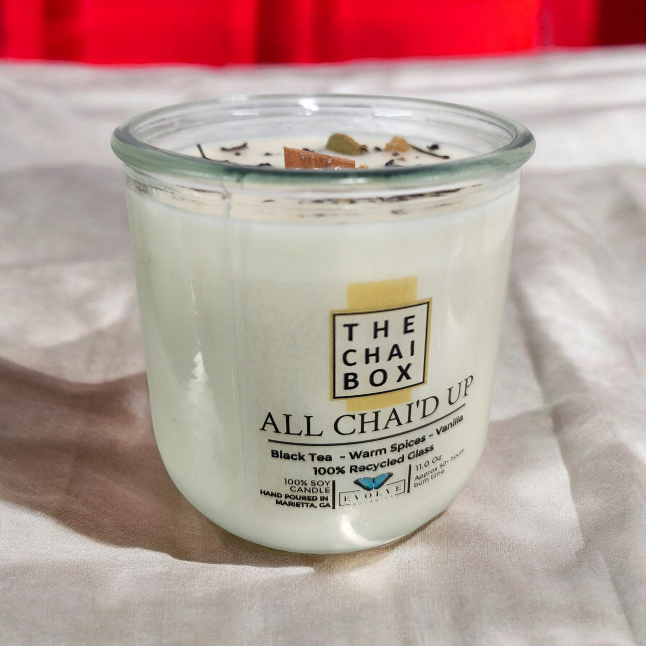 Evolve Botanica Rocks Candle Chai with wooden wick and gemstone accents, soy wax candle for a warm, inviting ambiance.