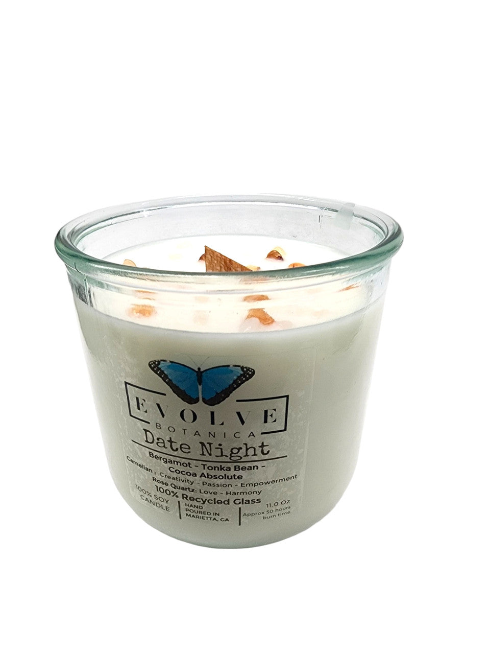 Evolve Botanica Rocks Candle Date Night with wood wick, rose quartz, and carnelian gemstones in a soy candle.