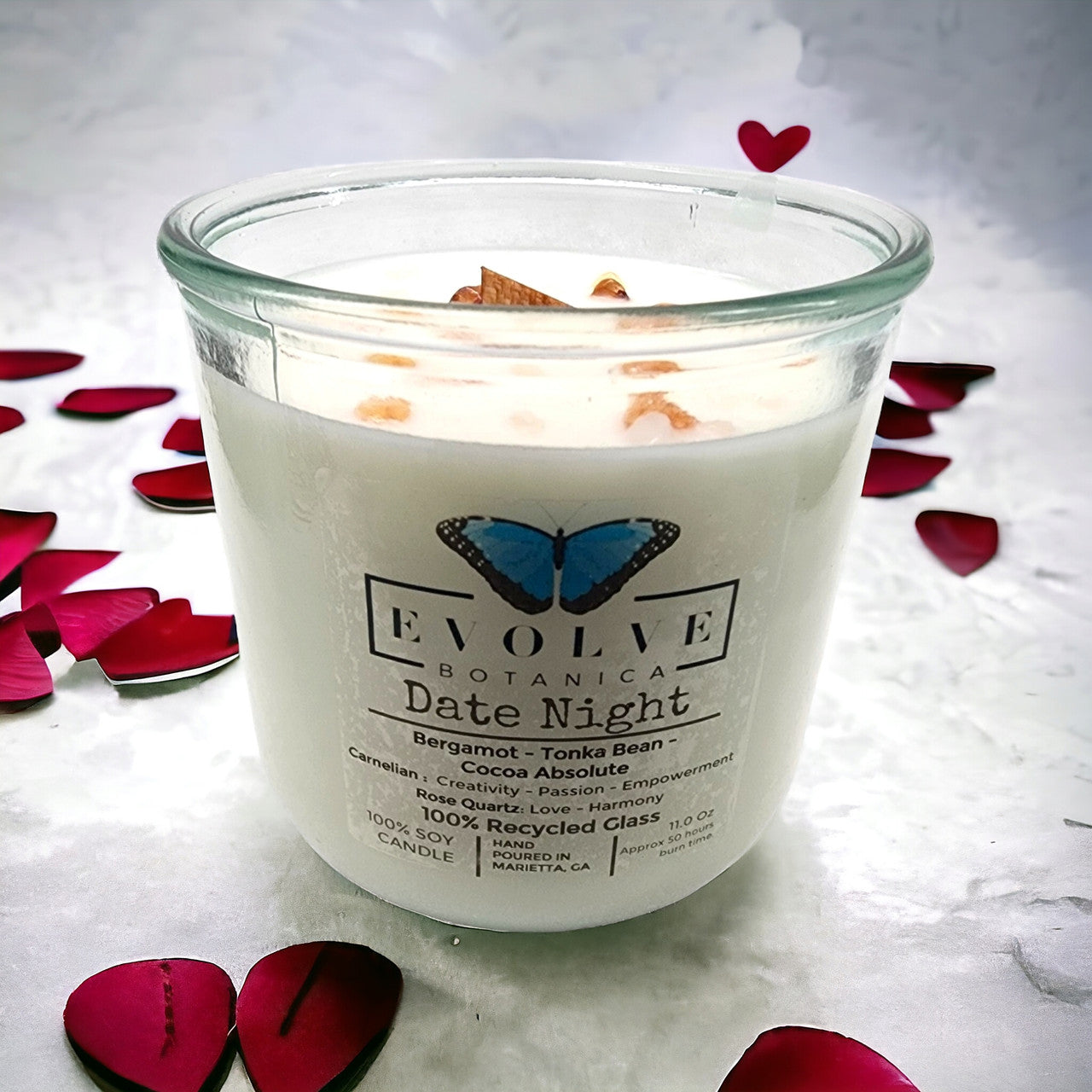 Rocks Candle Date Night soy candle with rose quartz and carnelian gemstones, featuring a wood wick, by Evolve Botanica.