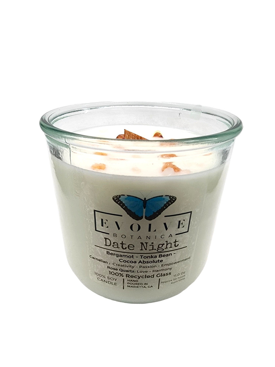 Evolve Botanica Rocks Candle Date Night with wood wick, rose quartz, carnelian gemstones, and soy wax for a romantic ambiance.