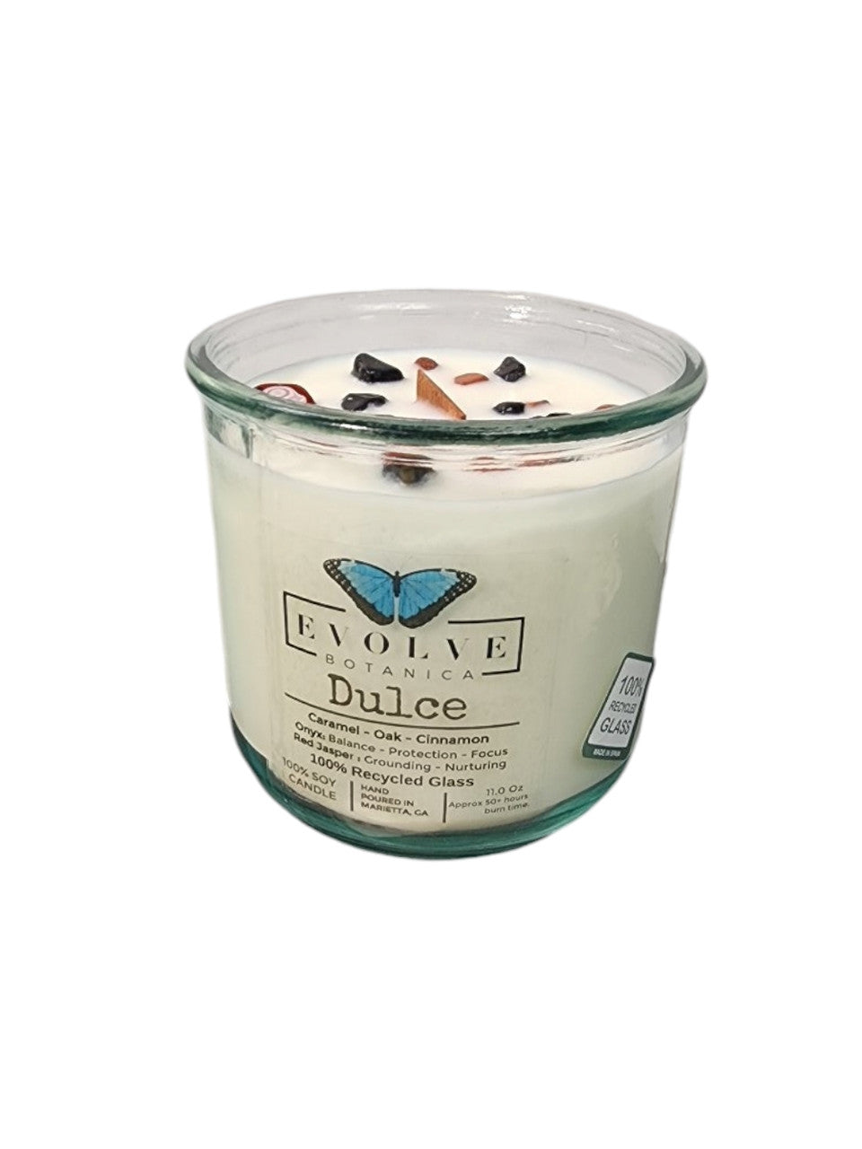 Red Jasper and Onyx gemstone soy candle with a wood wick, part of the Rocks Candle Dulce collection by Evolve Botanica.