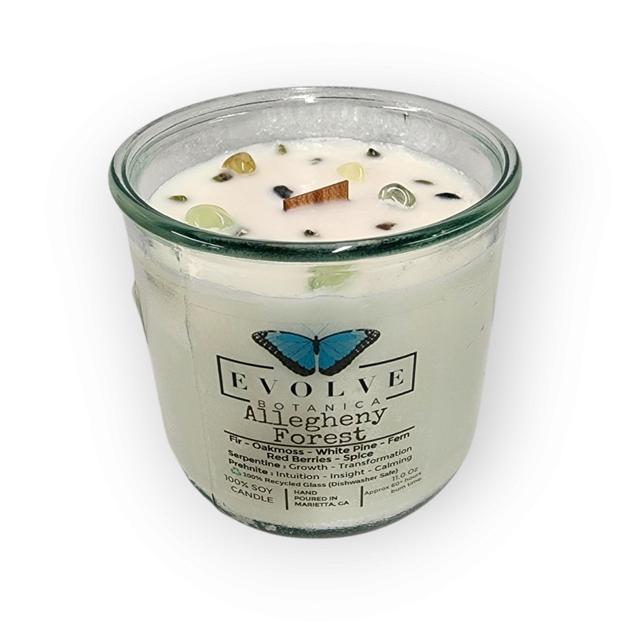 Rocks Candle Falling Leaves soy candle with wood wick, featuring Peridot, Red Jasper, and Yellow Aventurine gemstones from Evolve Botanica